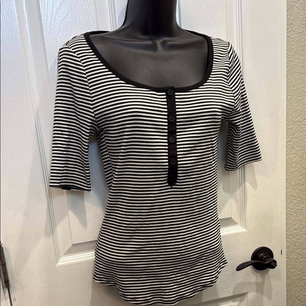 J. Crew Black and White Fitted Short Sleeve Striped Henley